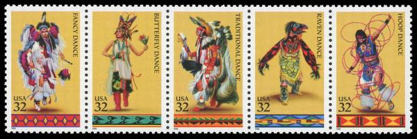 United States | American Indian Dances Strip of Five 32-Cent United States Postage Stamps Issued 1996 Multicolored Stamp Multicolored