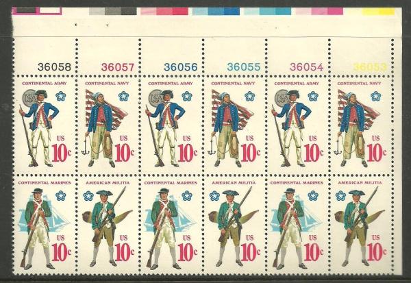 United States | American Military Uniforms Plate Block of Twelve 10-Cent United States Postage Stamps Issued 1975 Multicolored Stamp Multicolored