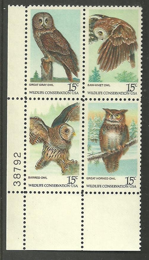 United States | American Owls Plate Block of Four 15-Cent United States Postage Stamps Issued 1978 Multicolored Stamp Multicolored