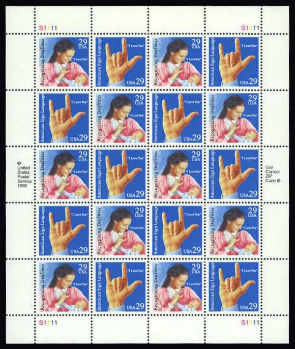 United States | American Sign Language Sheet of Twenty 29-Cent United States Postage Stamps Issued 1993 Multicolored Stamp Multicolored
