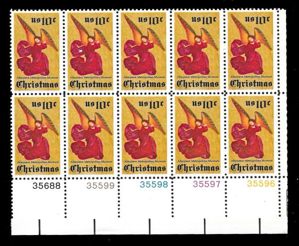 United States | Angel Altarpiece Christmas Plate Block of Ten 10-Cent United States Postage Stamps Issued 1974 Multicolored Stamp Multicolored