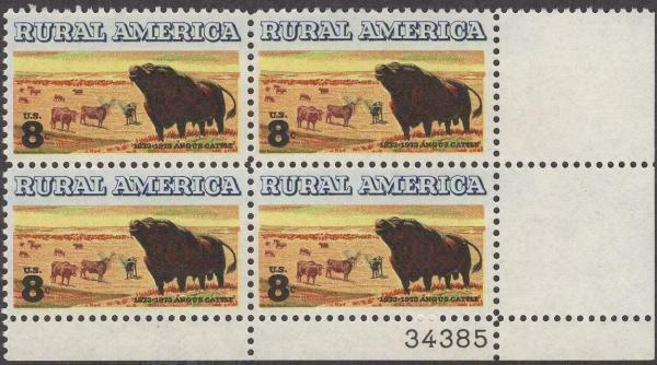 United States | Angus Cattle Plate Block of Four 8-Cent United States Postage Stamps Issued 1973 Multicolored Stamp Multicolored