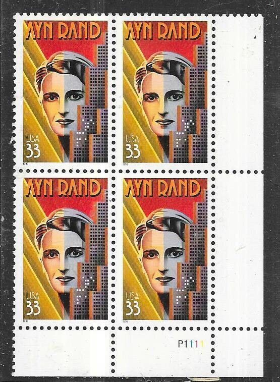 United States | Ayn Rand Plate Block of Four 33-Cent United States Postage Stamps Issued 1999 Multicolored Stamp Multicolored