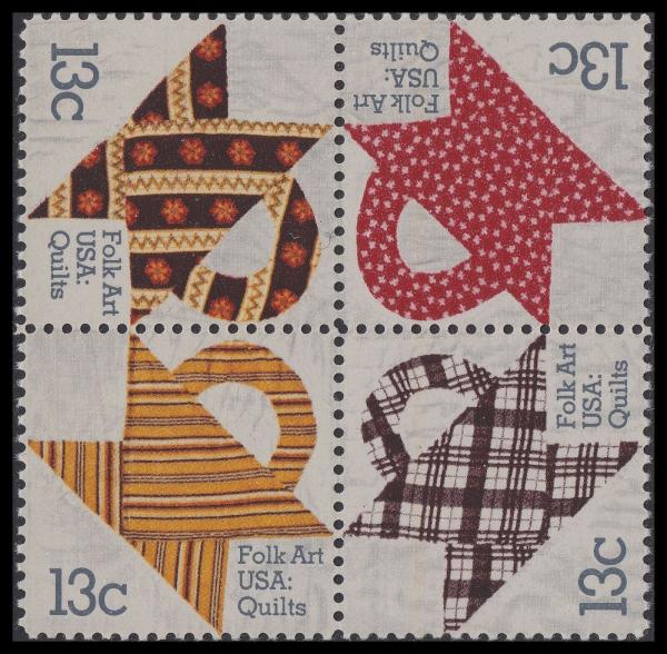 United States | Basket Design Quilts American Folk Art Block of Four 13-Cent United States Postage Stamps Issued 1978 Multicolored Stamp Multicolored