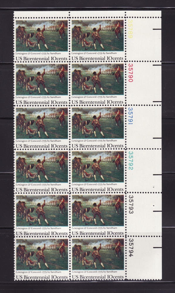 United States | Battle of Lexington and Concord Plate Block of Twelve 10-Cent US Postage Stamps Issued 1975 Multicolored Stamp Multicolored