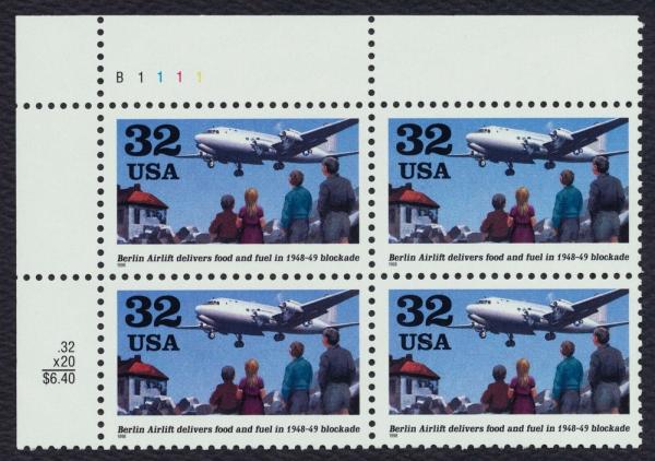 United States | Berlin Airlift Plate Block of Four 32-Cent United States Postage Stamps Issued 1998 Multicolored Stamp Multicolored