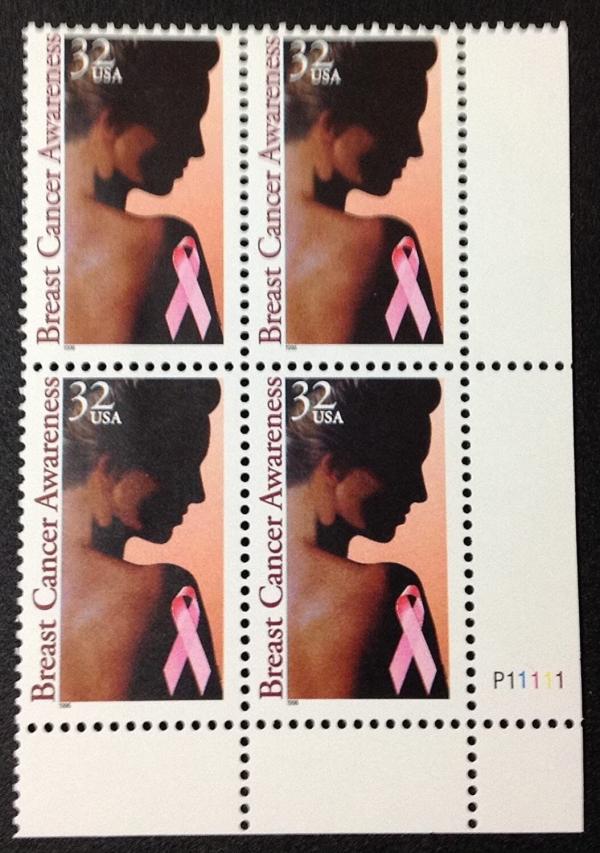 United States | Breast Cancer Plate Block of Four 32-Cent United States Postage Stamps Issued 1996 Multicolored Stamp Multicolored