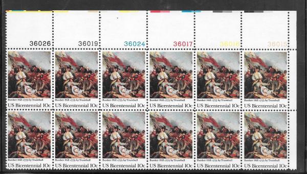 United States | Bunker Hill Plate Block of Twelve 10-Cent United States Postage Stamps Issued 1975 Multicolored Stamp Multicolored