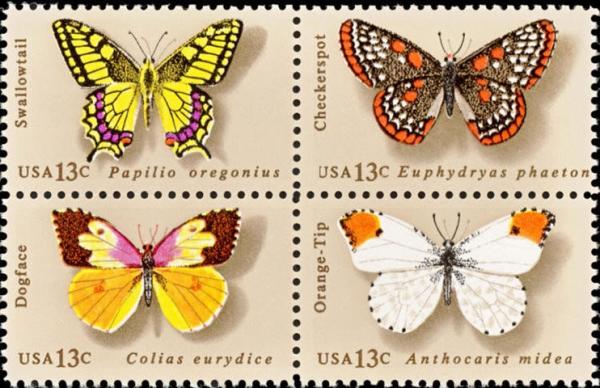 United States | Butterflies Block of Four 13-Cent United States Postage Stamps Tan and multicolored Stamp Tan & multicolored