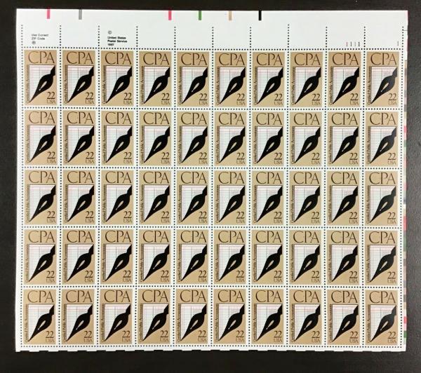 United States | Certified Public Accountants Sheet of Fifty 22-Cent United States Postage Stamps Issued 1987 Multicolored Stamp Multicolored