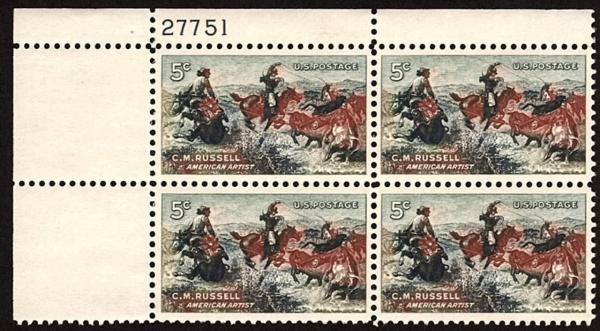 United States | Charles M Russell American Artist Plate Block of Four 5-Cent United States Postage Stamps Issued 1964 Multicolored Stamp Multicolored