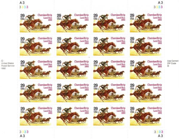 United States | Cherokee Strip Land Run Sheet of Twenty 29-Cent United States Postage Stamps Issued 1993 Multicolored Stamp Multicolored