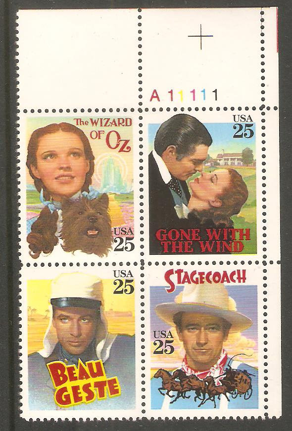 United States | Classic Films Plate Block of Four 25-Cent United States Postage Stamps Issued 1990 Multicolored Stamp Multicolored