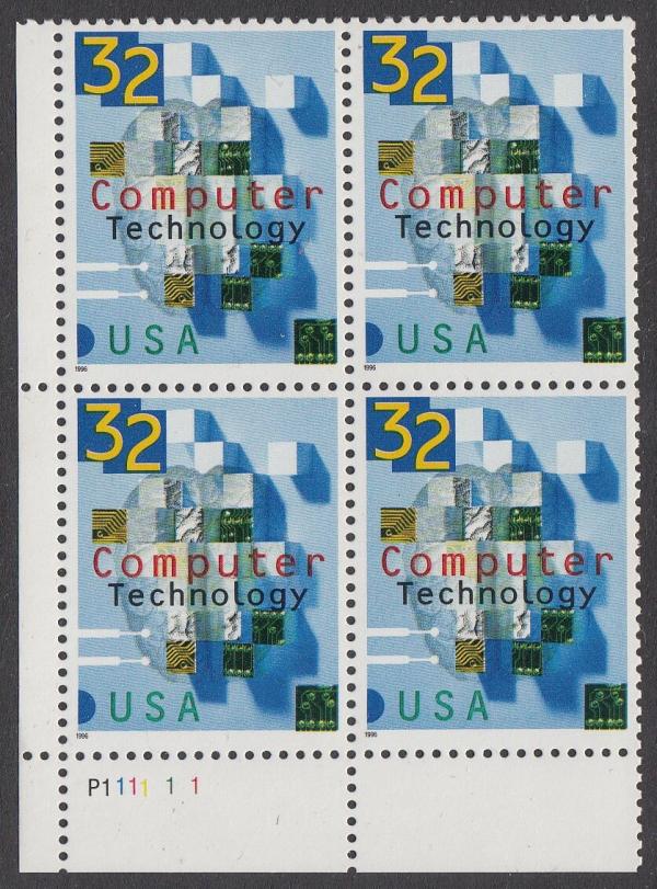 United States | Computer Technology Plate Block of Four 32-Cent United States Postage Stamps Issued 1996 Multicolored Stamp Multicolored