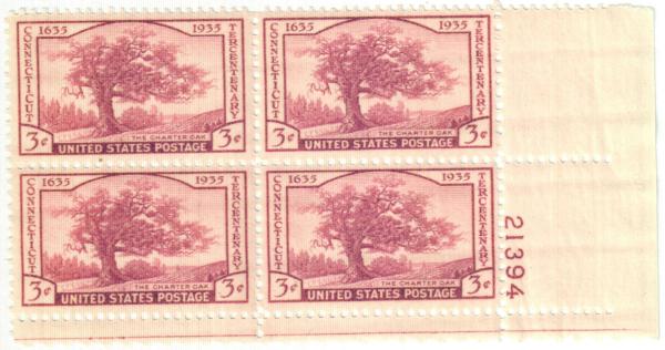 United States | Connecticut Charter Oak Plate Block of Four 3-Cent United States Postage Stamps Issued 1935 Stamp United States