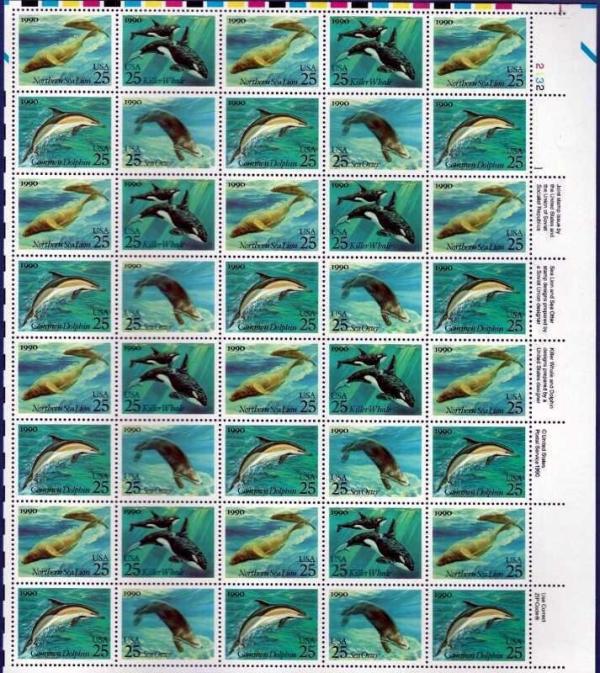 United States | Creatures of the Sea Sheet of Forty 25-Cent US Postage Stamps 1990 Mint Never Hinged Multicolored Stamp Multicolored