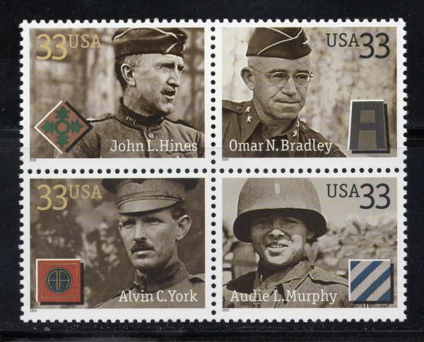 United States | Distinguished Soldiers Block of Four 33-Cent United States Postage Stamps Issued 2000 Multicolored Stamp Multicolored