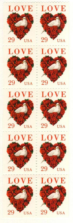 United States | Dove and Roses Love Booklet Pane of Ten 29-Cent United States Postage Stamps Multicolored Stamp Multicolored