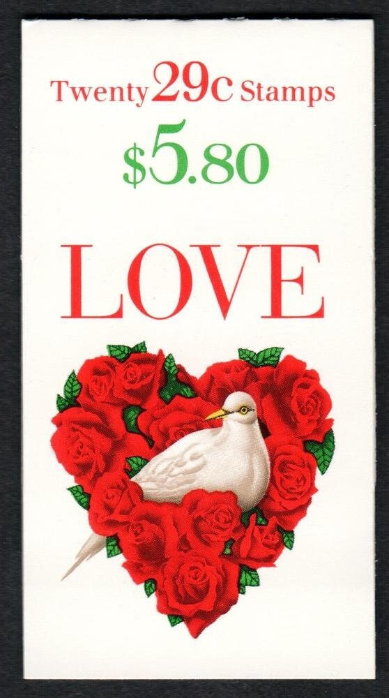 United States | Dove and Roses Love Complete Booklet of Twenty 29-Cent United States Postage Stamps Issued 1994 Multicolored Stamp Multicolored