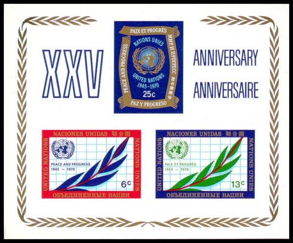 United States | Emblem and Olive Branch United Nations 25th Anniversary Souvenir Sheet of Two Postage Stamps Issued 1970 Multicolor Stamp Multicolor