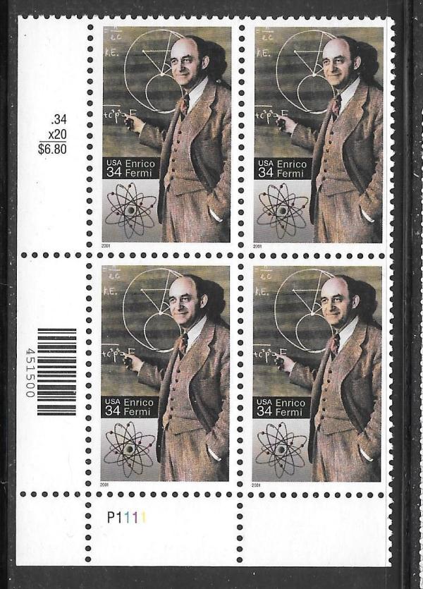 United States | Enrico Fermi Plate Block of Four 34-Cent United States Postage Stamps Issued 2001 Multicolored Stamp Multicolored