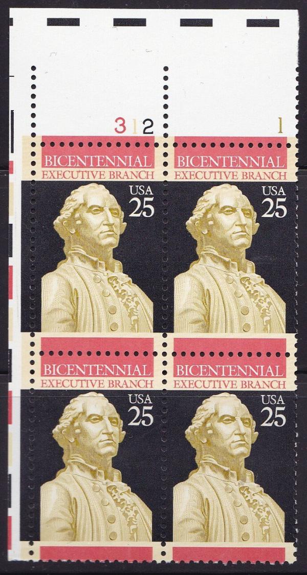 United States | Executive Branch Plate Block of Four 25-Cent United States Postage Stamps Issued 1989 Multicolored Stamp Multicolored