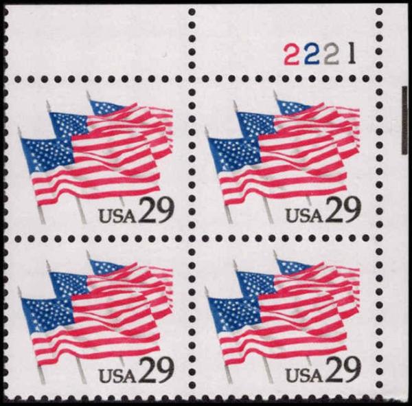 United States | Flags On Parade Plate Block of Four 29-Cent United States Postage Stamps Issued 1991 Multicolored Stamp Multicolored