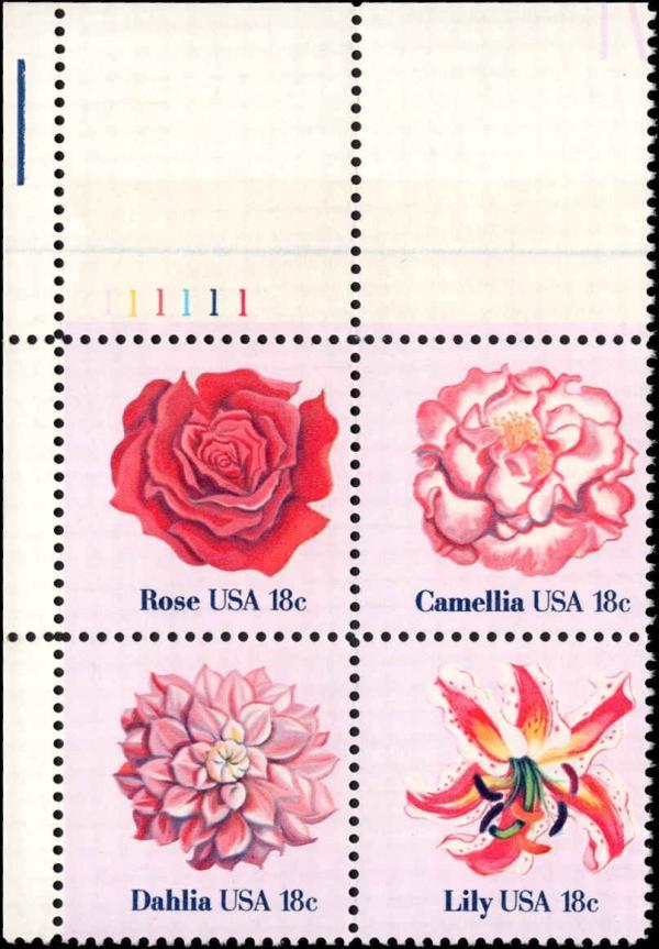 United States | Flowers Plate Block of Four 18-Cent United States Postage Stamps Multicolored Stamp Multicolored