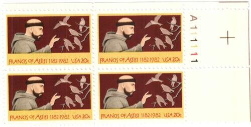 United States | Francis of Assisi Plate Block of Four 20-Cent United States Postage Stamps Issued 1982 Multicolored Stamp Multicolored