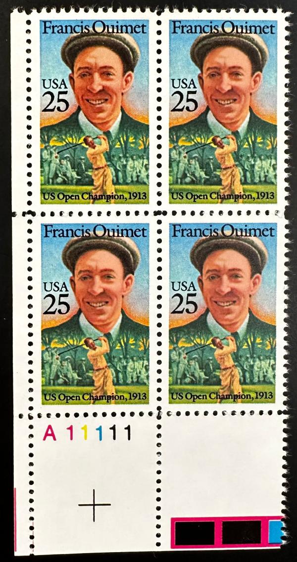 United States | Francis Ouimet Plate Block of Four 25-Cent United States Postage Stamps Issued 1988 Multicolored Stamp Multicolored