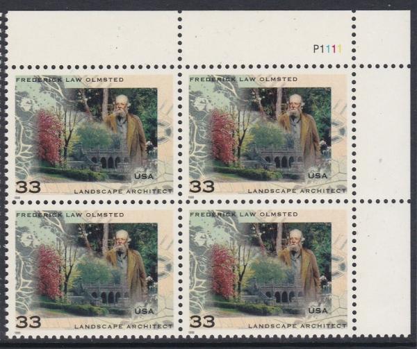 United States | Frederick Law Olmsted Plate Block of Four 33-Cent United States Postage Stamps Issued 1999 Multicolored Stamp Multicolored