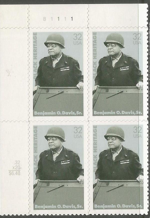 United States | General Benjamin O Davis Plate Block of Four 32-Cent United States Postage Stamps Issued 1997 Multicolored Stamp Multicolored