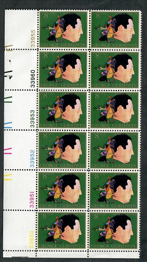 United States | George Gershwin Plate Block of Twelve 8-Cent United States Postage Stamps Green and multicolored Stamp Green & multicolored