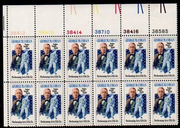 United States | George M Cohan Plate Block of Twelve 15-Cent United States Postage Stamps Issued 1978 Multicolored Stamp Multicolored