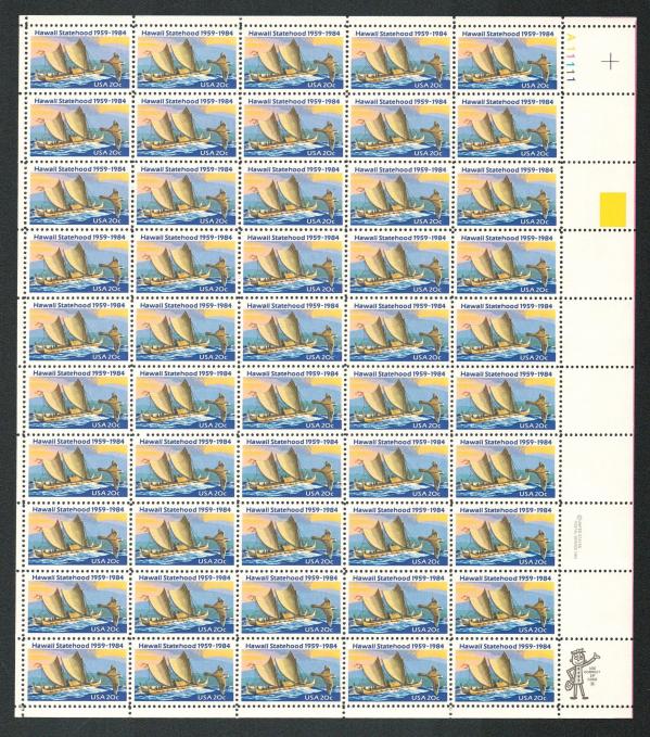 United States | Hawaii Statehood Sheet of Fifty United States 20-Cent Postage Stamps Issued 1984 Multicolored Stamp Multicolored