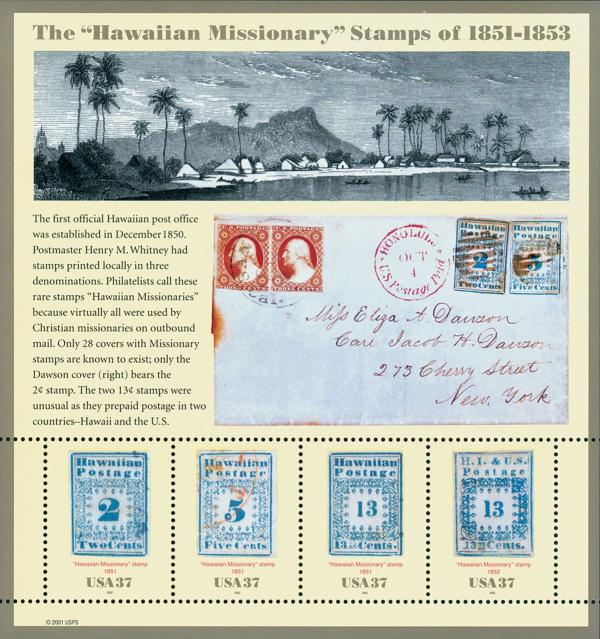United States | Hawaiian Missionary Souvenir Sheet of Four 37-Cent United States Postage Stamps Issued 2002 Multicolored Stamp Multicolored