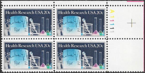 United States | Health Research Plate Block of Four 20-Cent United States Postage Stamps Issued 1984 Multicolored Stamp Multicolored