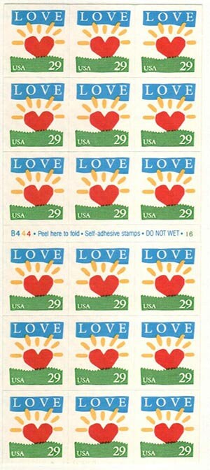 United States | Heart Sunrise Love Booklet Pane of Eighteen 29-Cent United States Postage Stamps Issued 1994 Multicolored Stamp Multicolored