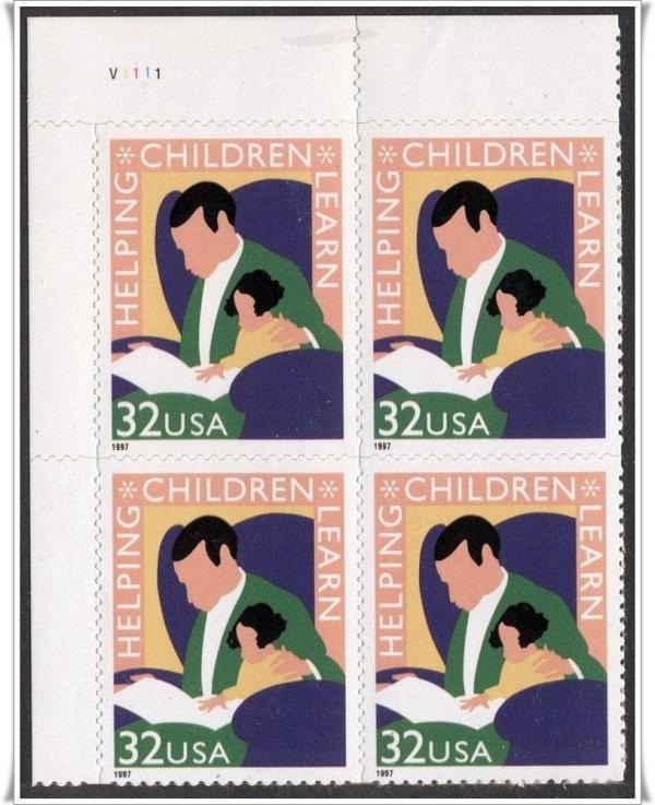 United States | Helping Children Learn Plate Block of Four 32-Cent United States Postage Stamps Multicolored Stamp Multicolored