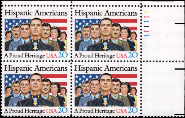 United States | Hispanic Americans Plate Block of Four 20-Cent United States Postage Stamps Issued 1984 Multicolored Stamp Multicolored