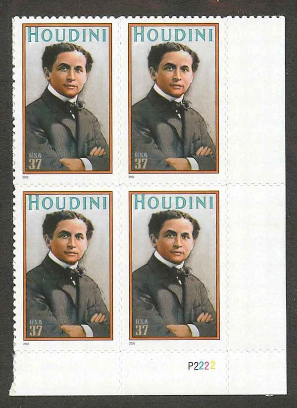 United States | Houdini Plate Block of Four 37-Cent United States Postage Stamps Issued 2002 Multicolored Stamp Multicolored