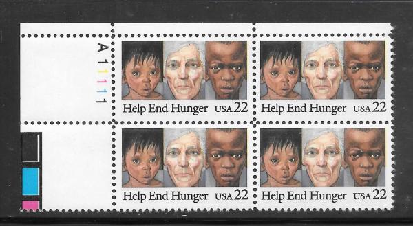 United States | Hunger In America Plate Block of Four 22-Cent United States Postage Stamps Issued 1985 Multicolored Stamp Multicolored