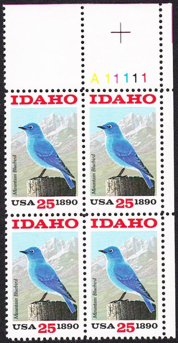 United States | Idaho Bluebird Plate Block of Four 25-Cent United States Postage Stamps Issued 1990 Multicolored Stamp Multicolored