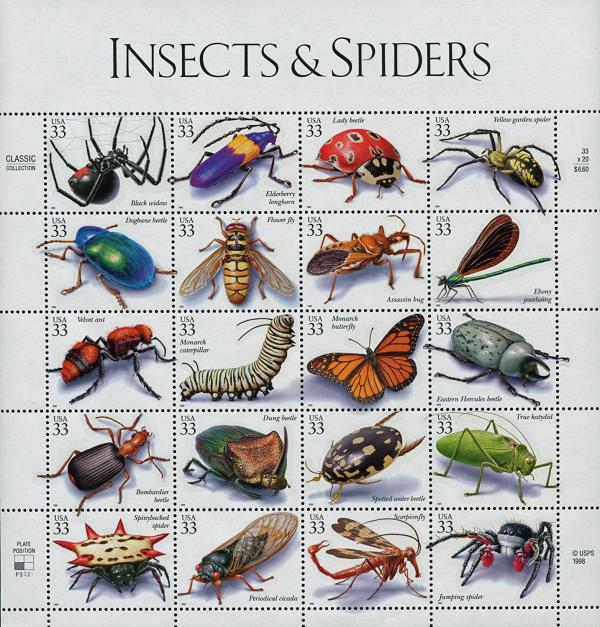 United States | Insects and Spiders Full Sheet of Twenty 33-Cent United States Postage Stamps Issued 1999 Multicolored Stamp Multicolored