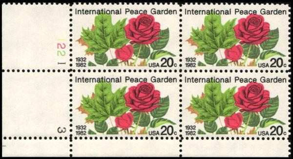 United States | International Peace Garden Plate Block of Four 20-Cent United States Postage Stamps Multicolored Stamp Multicolored