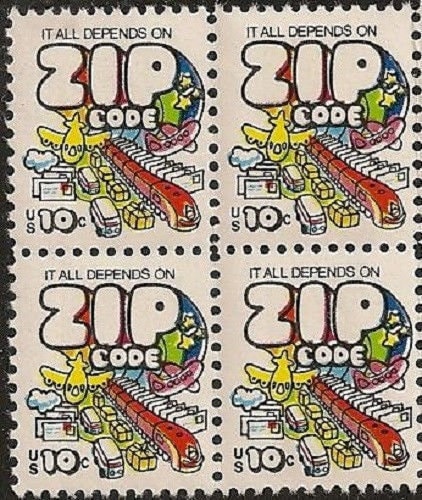 United States | It All Depends On Zip Code Block of Four 10-Cent United States Postage Stamps Issued 1974 Multicolored Stamp Multicolored