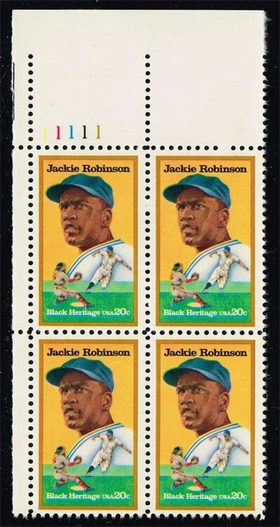 United States | Jackie Robinson Plate Block of Four 20-Cent United States Postage Stamps Multicolored Stamp Multicolored