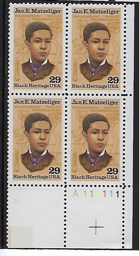 United States | Jan E Matzeliger Plate Block of Four 29-Cent United States Postage Stamps Issued 1991 Multicolored Stamp Multicolored