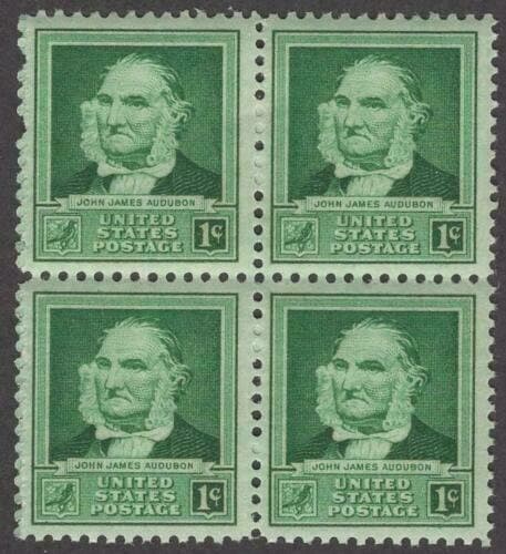 United States | John James Audubon Block of Four 1-Cent United States Postage Stamps Issued 1940 Bright blue green Stamp Bright blue green