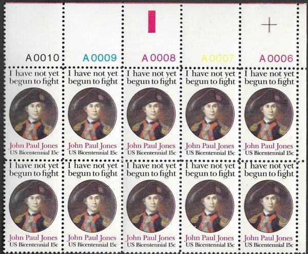 United States | John Paul Jones Plate Block of Ten 15-Cent United States Postage Stamps  Multicolored Stamp Multicolored